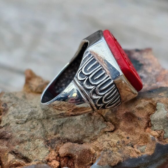 Vintage Sterling Silver Hexagon Shaped Red Cinnabar Ring Size 6 Floral Signed - Picture 5 of 7